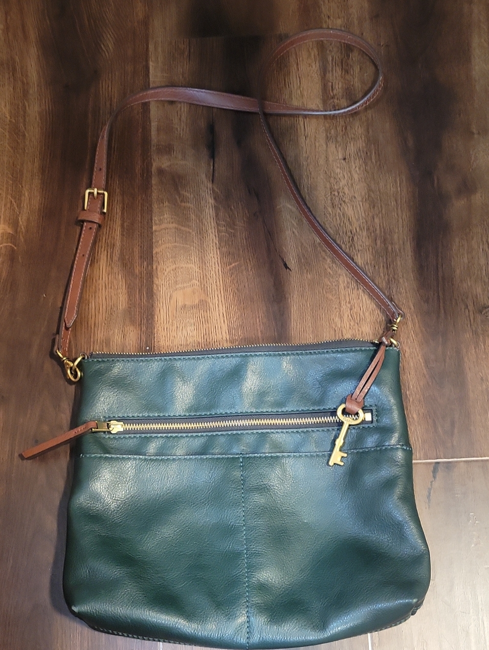 Fossil Green Leather Crossbody with Brown Strap and Key Charm